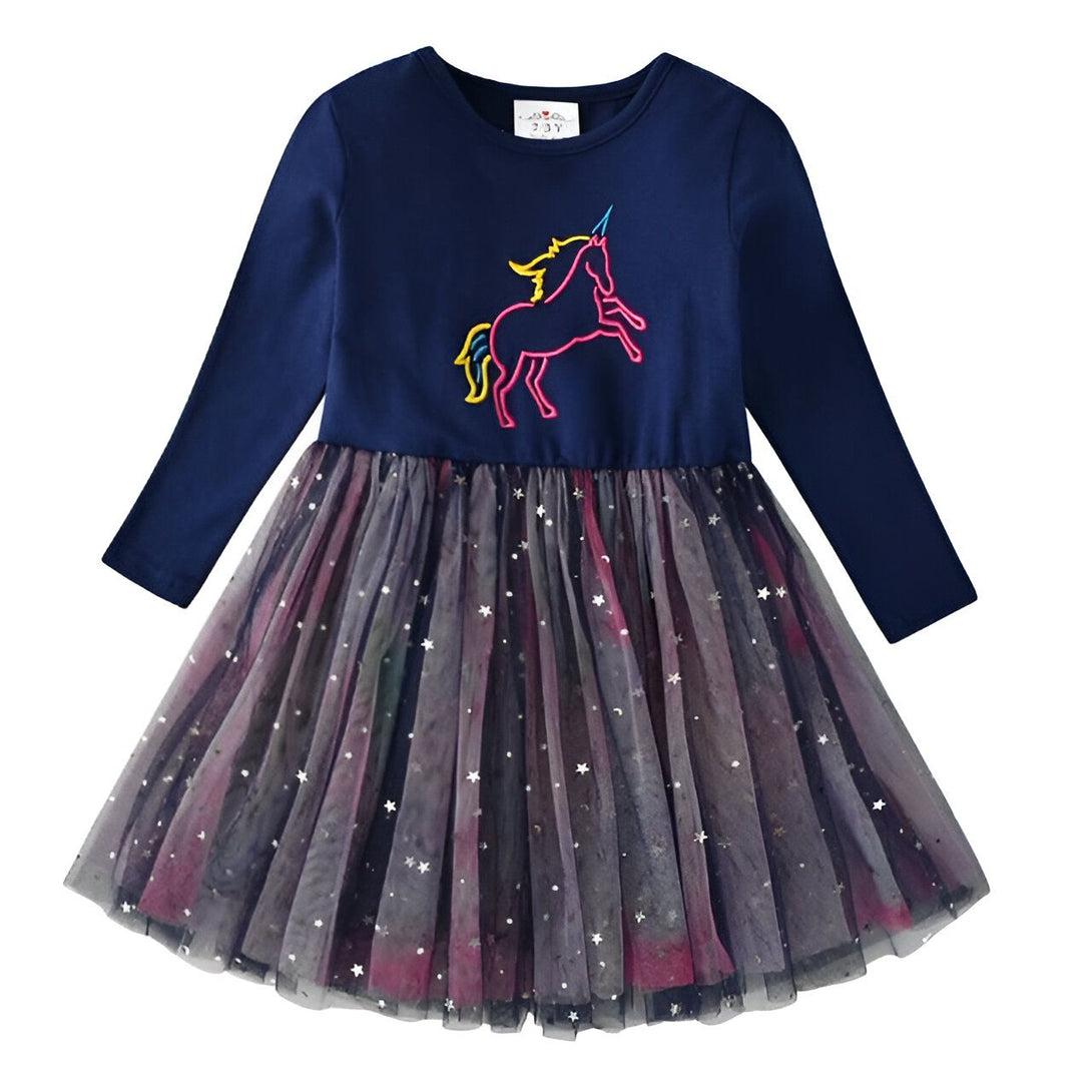 Robe de fille à manches longues bleu marine avec motif licorne coloré. La jupe est faite de tulle à plusieurs couches avec des étoiles scintillantes. Vêtement fantaisie pour enfant., 45501343826175,45501343858943,45501343891711,45501343924479,45501343957247,45501343990015,45501344022783,45501344055551 | Licorne Shop