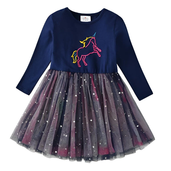 Robe de fille à manches longues bleu marine avec motif licorne coloré. La jupe est faite de tulle à plusieurs couches avec des étoiles scintillantes. Vêtement fantaisie pour enfant., 45501343826175,45501343858943,45501343891711,45501343924479,45501343957247,45501343990015,45501344022783,45501344055551 | Licorne Shop