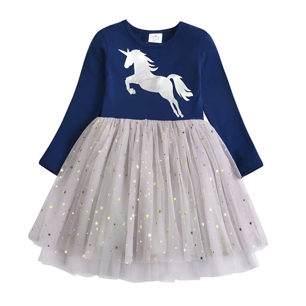 Robe pour fille bleu marine à manches longues avec motif de licorne blanche et jupe en tulle gris pailleté d'étoiles dorées., 45501418143999,45501418176767,45501418209535,45501418242303,45501418275071,45501418307839,45501418340607,45501418373375 | Licorne Shop