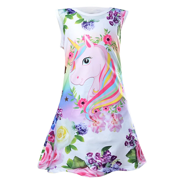 Robe d'été pour fille à motif floral et licorne, sans manches, imprimé coloré, idéale pour les journées chaudes. Style mignon et fantaisiste pour enfants., 45501377773823,45501377806591,45501377839359,45501377872127,45501377904895,45501377937663,45501377970431,45501378003199 | Licorne Shop