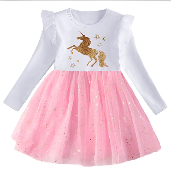Robe de princesse pour fille. Haut blanc à manches longues avec motif de licorne dorée. Jupe rose en tulle avec étoiles dorées. Vêtement pour enfant, style féerique., 45501412278527,45501412311295,45501412344063,45501412376831,45501412409599,45501412442367,45501412475135,45501412507903 | Licorne Shop