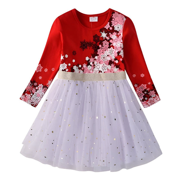 Robe de fête pour fille avec manches longues rouge, motif de flocons de neige et jupe en tulle blanche étoilée. Vêtement enfant pour occasions spéciales, hiver ou Noël., 45501380526335,45501380559103,45501380591871,45501380624639,45501380657407,45501380690175,45501380722943,45501380755711 | Licorne Shop