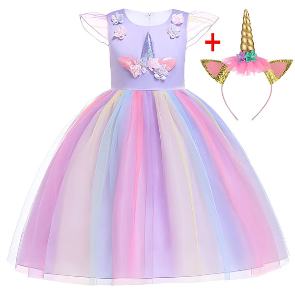 Robe de princesse licorne violette avec jupe multicolore en tulle et bandeau assorti. Costume pour fête d'anniversaire, carnaval, ou Halloween., 45501330358527,45501330391295,45501330424063,45501330489599,45501330522367,45501330555135,45501330587903,45501330620671 | Licorne Shop