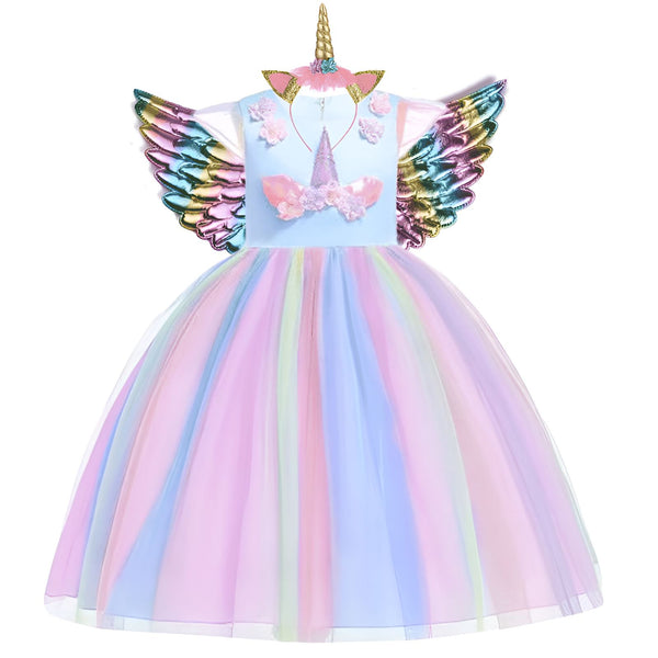 Robe de princesse licorne pour enfants avec ailes colorées et bandeau assorti, idéale pour les fêtes d'anniversaire et les déguisements. Costume de fantaisie pour filles., 45501417619711,45501417652479,45501417685247,45501417718015,45501417750783,45501417783551,45501417816319,45501417849087 | Licorne Shop