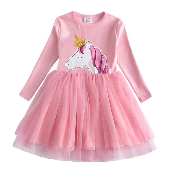 Robe rose à manches longues pour fille, avec un motif de licorne portant une couronne dorée et une jupe en tulle. Vêtement mignon et féérique pour enfant., 45501417881855,45501417914623,45501417947391,45501417980159,45501418012927,45501418045695,45501418078463,45501418111231 | Licorne Shop