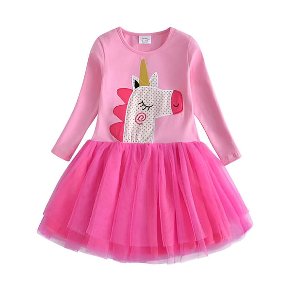 Robe rose pour enfant avec appliqué licorne et jupe en tulle rose. Vêtement pour fille, motif fantaisie., 45501380854015,45501380886783,45501380919551,45501380952319,45501380985087,45501381017855,45501381050623,45501381083391 | Licorne Shop