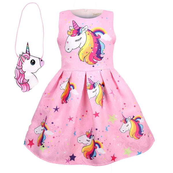 Robe rose pour enfant avec motif licorne et étoiles, accompagnée d'un sac à main assorti en forme de tête de licorne. Ensemble mignon et tendance pour les petites filles., 45501350609151,45501350641919,45501350674687,45501350707455,45501350740223,45501350772991,45501350805759,45501350838527 | Licorne Shop