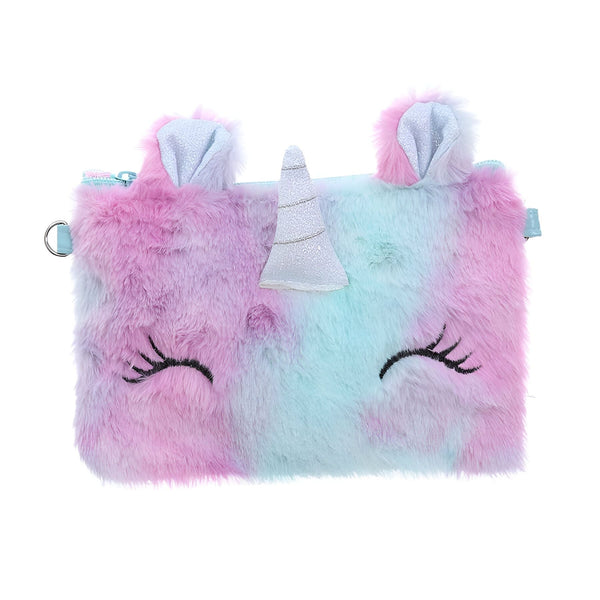 Image d'une pochette en forme de licorne, de couleur rose et turquoise, avec des oreilles et une corne pailletées. Texture douce et poilue. Idéale pour les enfants., 45501374333183 | Licorne Shop
