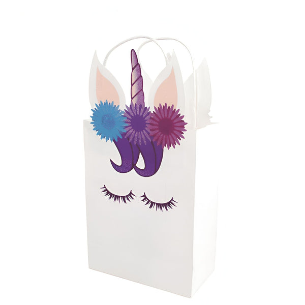Sac cadeau blanc décoré d'une licorne avec des oreilles roses, une corne violette, des fleurs colorées et de longs cils. Idéal pour les fêtes d'anniversaire sur le thème des licornes., 45501325967615 | Licorne Shop