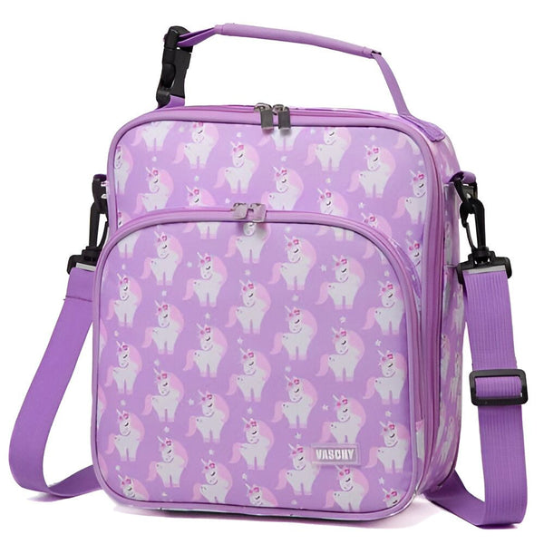 Sac à lunch isotherme violet avec motif licornes, de la marque Vaschy. Fermeture éclair, poignée de transport et bandoulière réglable. Idéal pour l'école ou le pique-nique., 45501329998079 | Licorne Shop