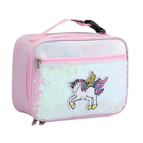 Boîte à lunch rose pour enfants avec motif licorne à paillettes, idéale pour l'école ou les pique-niques. Fermeture éclair pratique et poignée de transport., 45501373808895 | Licorne Shop