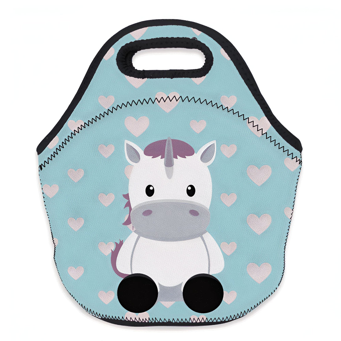 Sac à déjeuner isolé bleu avec motif de licorne et coeurs roses. Idéal pour enfants, gardant les aliments frais. Design mignon et pratique., 45501373743359 | Licorne Shop