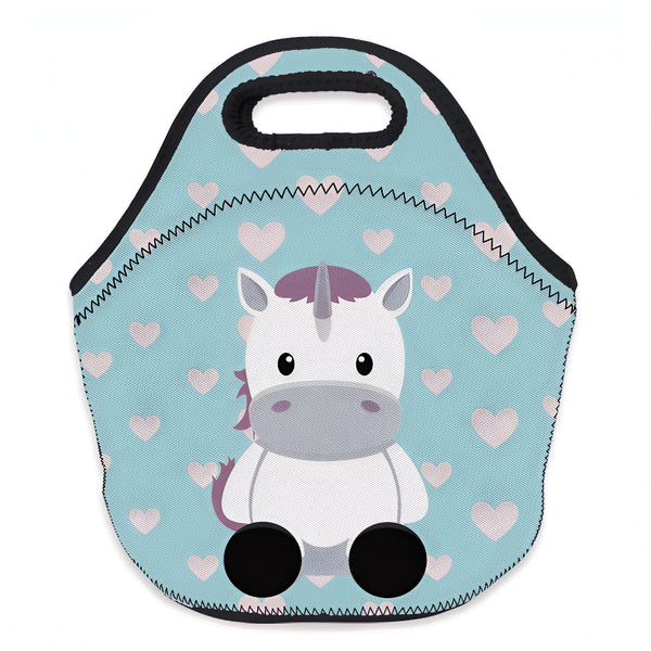 Sac à déjeuner isolé bleu avec motif de licorne et coeurs roses. Idéal pour enfants, gardant les aliments frais. Design mignon et pratique., 45501373743359 | Licorne Shop