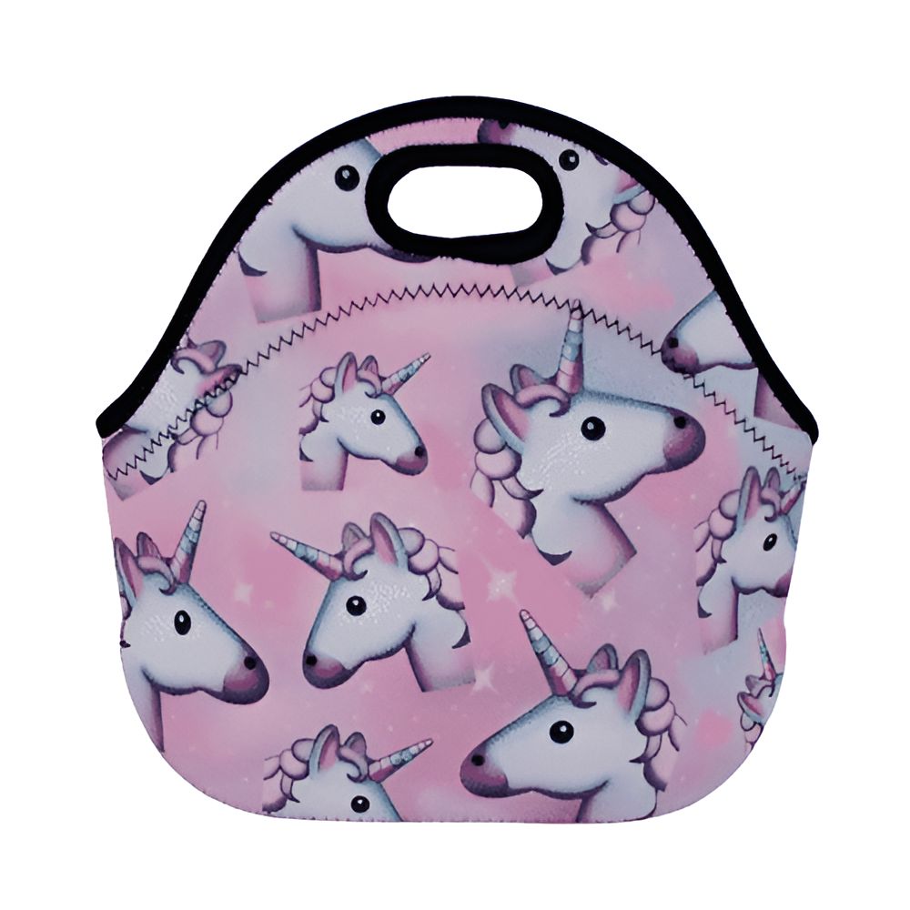 Sac à déjeuner isotherme rose avec motif de têtes de licornes et d'étoiles brillantes. Poignée noire., 45501373087999 | Licorne Shop
