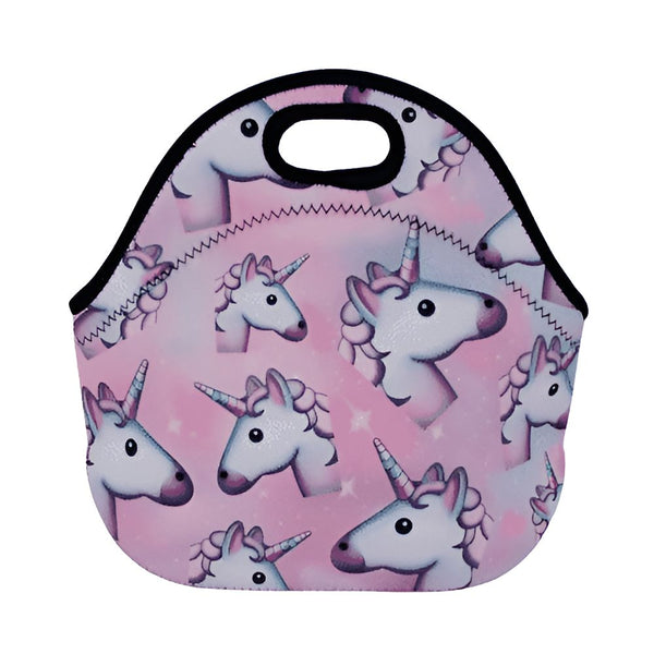 Sac à déjeuner isotherme rose avec motif de têtes de licornes et d'étoiles brillantes. Poignée noire., 45501373087999 | Licorne Shop