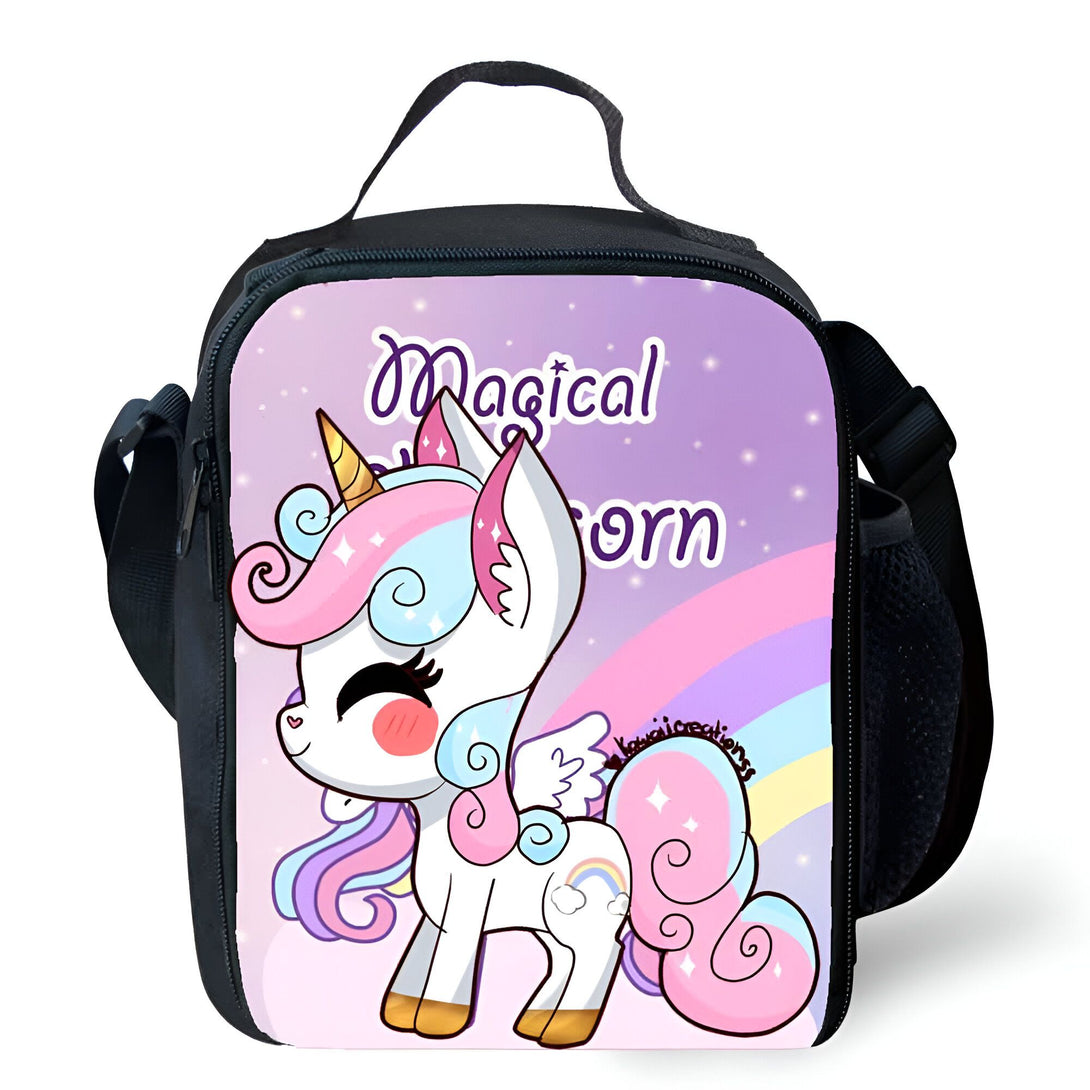 Sac à lunch pour enfant, motif licorne magique sur fond violet pastel avec un arc-en-ciel. Idéal pour l'école ou le pique-nique., 45501373120767 | Licorne Shop