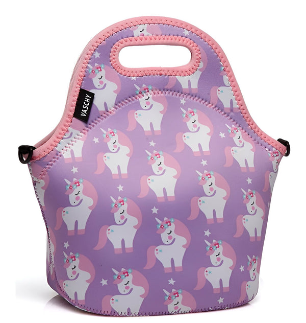 Sac à lunch violet Vaschy, motif licornes blanches et roses, bordure rose. Isotherme avec une poignée pour le transport. Idéal pour les enfants., 45501372989695 | Licorne Shop