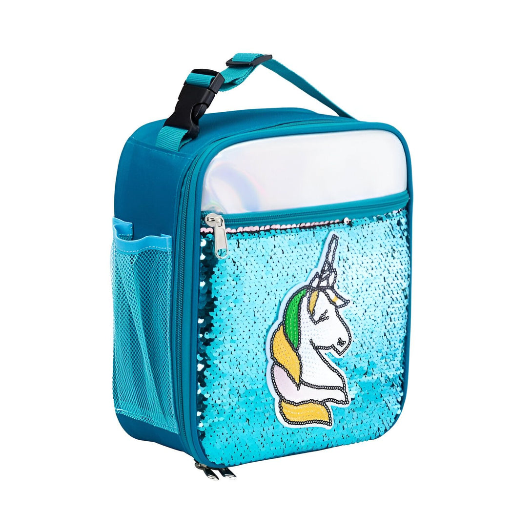 Sac à lunch turquoise avec motif de licorne à paillettes. Isotherme, avec une poignée et une poche latérale en filet. Idéal pour l'école ou les pique-niques, un accessoire pratique et amusant., 45501374202111 | Licorne Shop