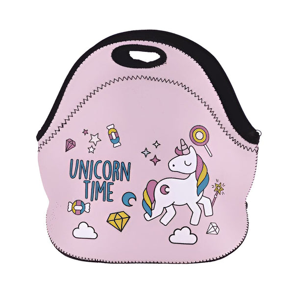 Sac à déjeuner isotherme rose avec motif licorne, inscription "Unicorn Time", étoiles, bonbons, lune et nuages. Idéal pour les enfants., 45501374103807 | Licorne Shop