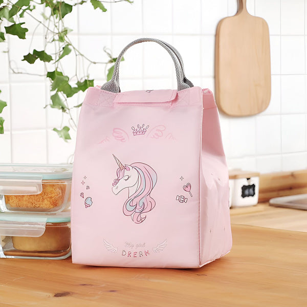 Sac à lunch isotherme rose avec un motif de licorne et des éléments décoratifs, idéal pour garder les repas au frais., 45501372236031 | Licorne Shop