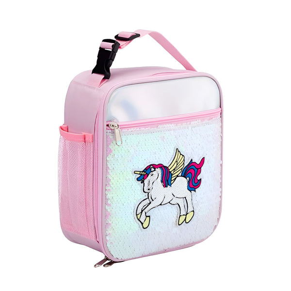 Sac à lunch rose pour enfants avec motif licorne à paillettes, poignée et poche latérale en filet. Accessoire mignon et pratique pour l'école., 45501373317375 | Licorne Shop