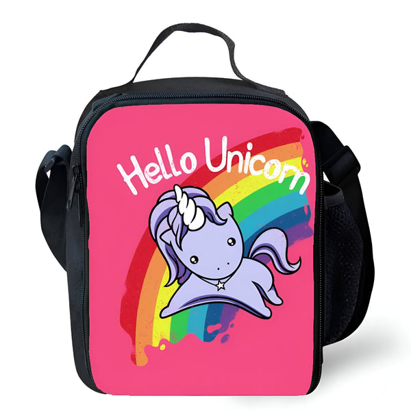 Sac à lunch pour enfants noir et rose avec un dessin de licorne devant un arc-en-ciel et l'inscription "Hello Unicorn"., 45501327474943 | Licorne Shop
