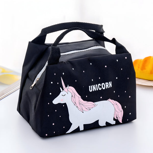 Sac à lunch isotherme noir avec motif licorne rose et étoiles, idéal pour enfants et adultes. Fermeture éclair et poignées de transport pratiques., 45501372367103 | Licorne Shop