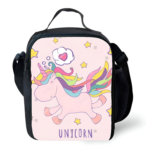 Sac à lunch noir avec un motif d'licorne rose et arc-en-ciel sur un fond rose avec des étoiles jaunes. L'inscription "UNICORN" est visible., 45501373284607 | Licorne Shop