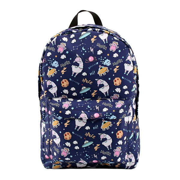 Sac à dos bleu marine avec motif lama astronaute, étoiles, lune, planètes et fusées. Idéal pour l'école ou les voyages, ce sac coloré ravira les enfants passionnés par l'espace., 45501272326399 | Licorne Shop