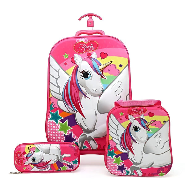 Ensemble de valise, sac à dos et trousse rose décorés d'un motif de licorne ailée aux cheveux colorés. Idéal pour l'école ou les voyages., 45501144563967 | Licorne Shop