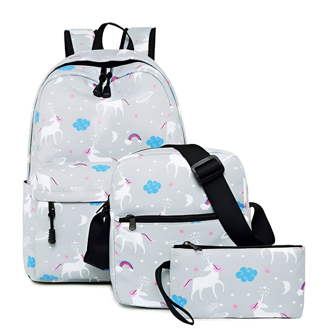 Ensemble de sac à dos, sac bandoulière et trousse à crayons gris à motifs licornes. Idéal pour l'école ou les loisirs., 45501143449855 | Licorne Shop