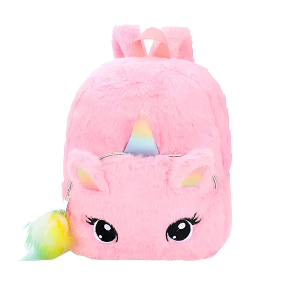 Sac à dos rose en forme de licorne en peluche, avec des oreilles et une corne arc-en-ciel. Une queue en pompon est attachée., 45501143679231 | Licorne Shop