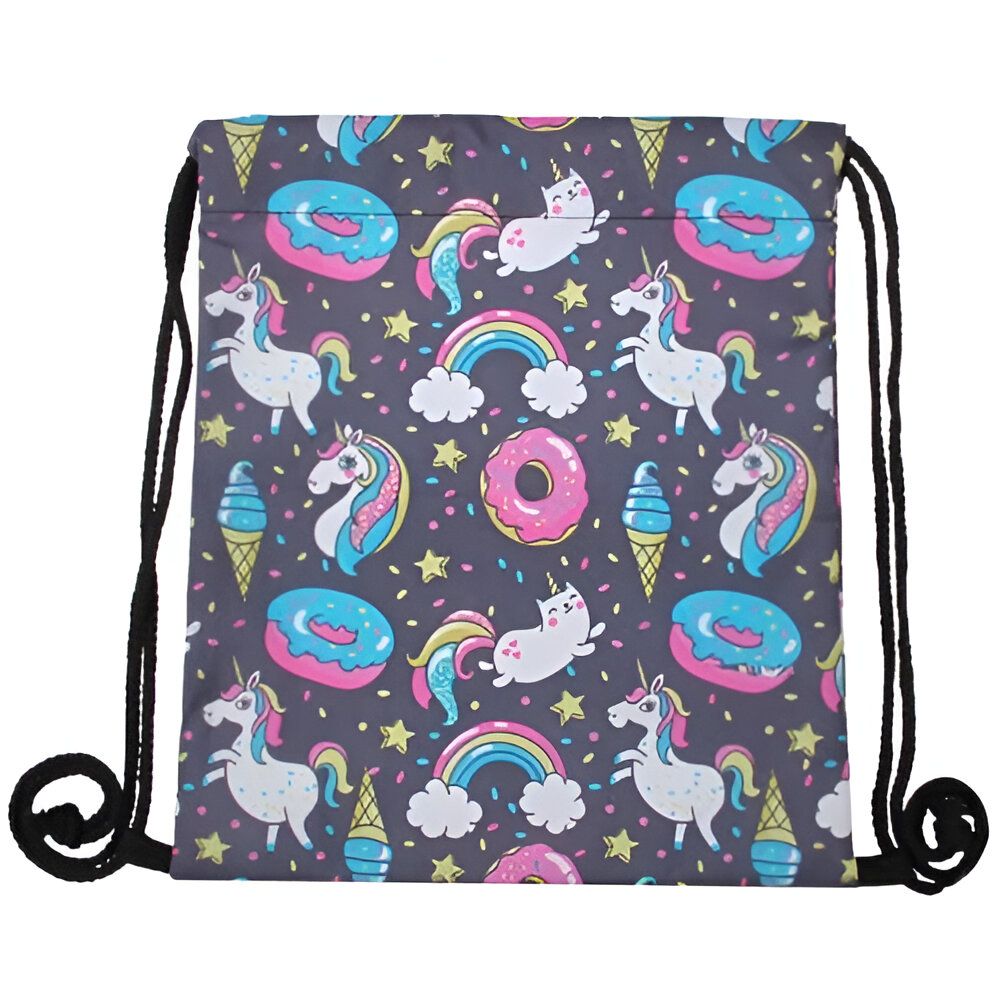 Sac à cordon gris foncé avec un motif répétitif de licornes blanches, de beignets roses, d'arcs-en-ciel colorés, de cornets de crème glacée turquoise et de chats blancs avec une queue de sirène., 45501148758271 | Licorne Shop