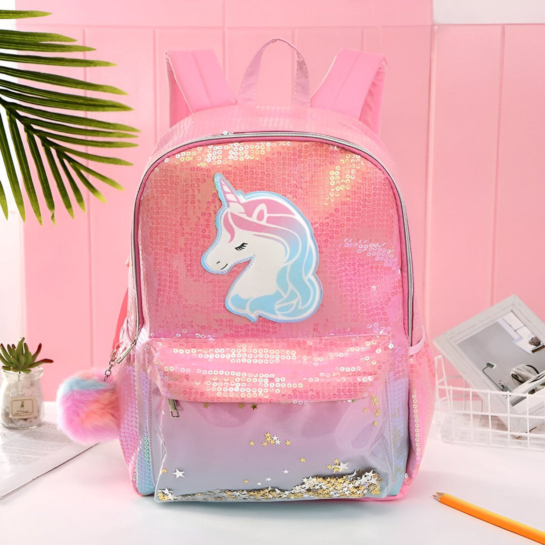 Sac à dos rose à paillettes avec motif de licorne. Accessoire mignon pour l'école ou les loisirs. Idéal pour les enfants qui aiment les contes de fées et les animaux magiques., 45501149741311 | Licorne Shop