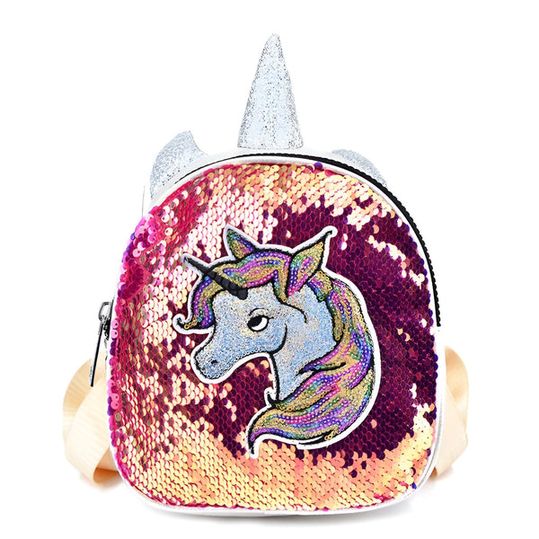 Sac à dos enfant rose et or à paillettes avec motif licorne scintillante et corne argentée. Accessoire tendance pour filles., 45501272195327 | Licorne Shop