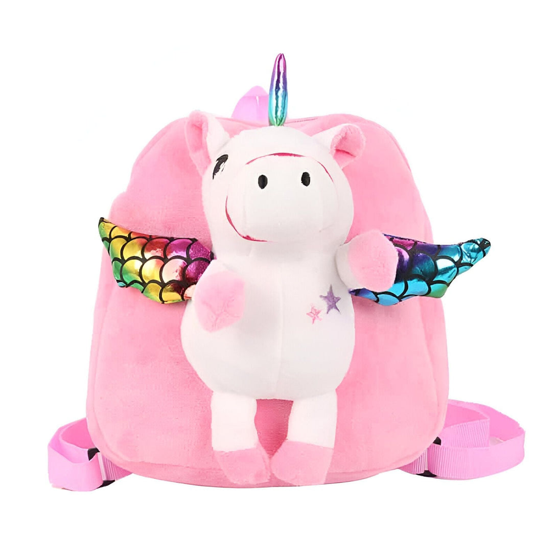 Sac à dos rose en peluche avec une licorne blanche et des ailes colorées. Idéal pour les enfants., 45501276848383 | Licorne Shop