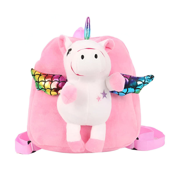 Sac à dos rose en peluche avec une licorne blanche et des ailes colorées. Idéal pour les enfants., 45501276848383 | Licorne Shop