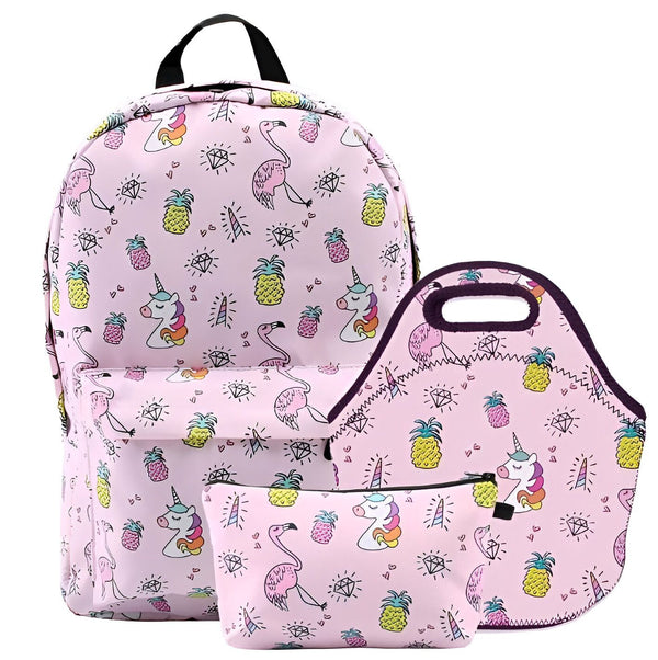 Ensemble d'accessoires rose pastel avec motifs licornes, flamants roses et ananas. Comprend un sac à dos, une trousse et un sac à lunch isotherme assortis. Idéal pour l'école ou les sorties., 45501276389631 | Licorne Shop