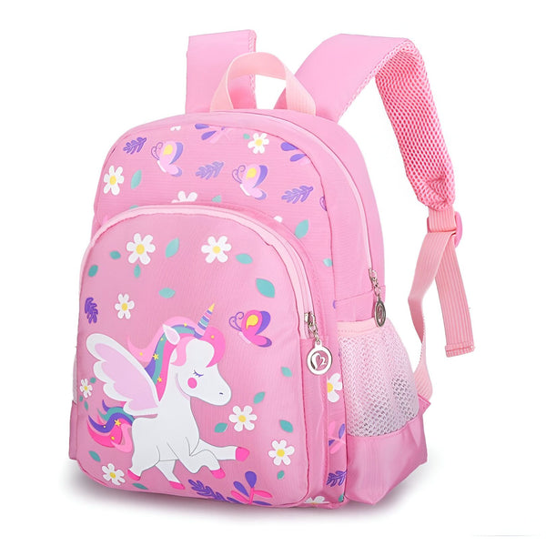 Une image d'un sac à dos rose avec une licorne et des fleurs. Le sac à dos est destiné aux enfants.