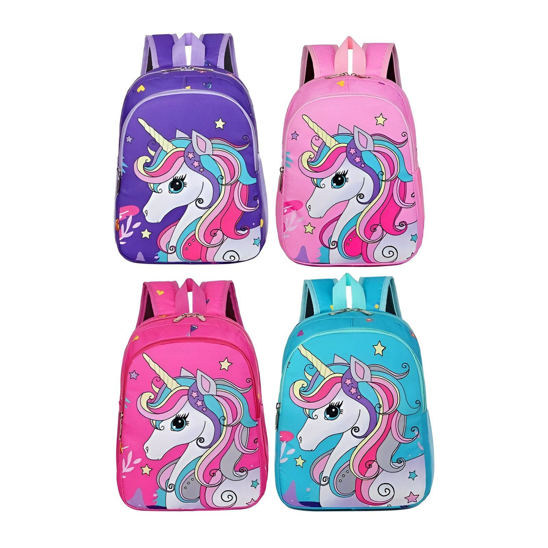 Quatre sacs à dos de couleur différente avec une image de licorne dessus