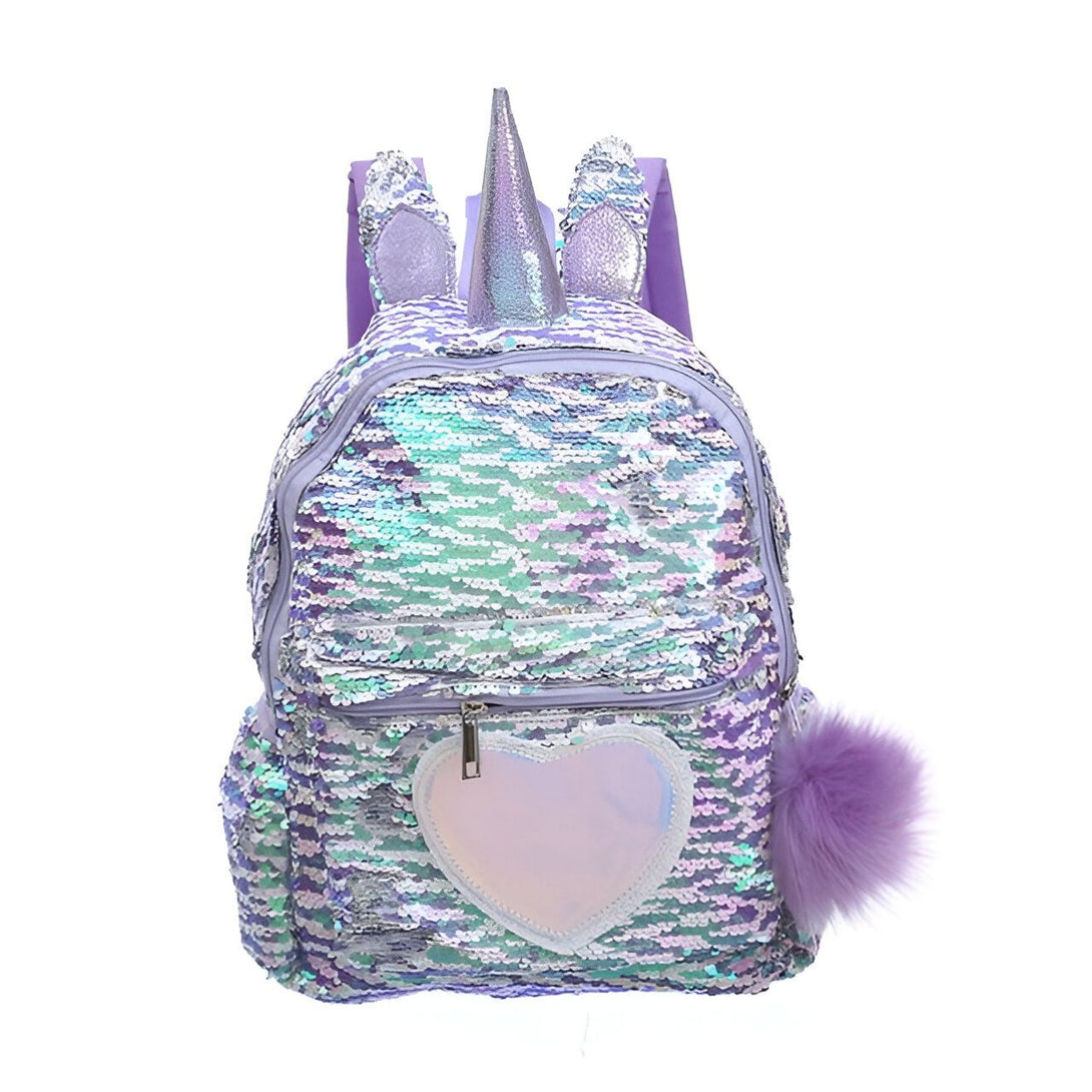 Sac à dos licorne violet et argenté à paillettes, avec corne et oreilles de licorne, poche en forme de cœur et pompon violet. Accessoire tendance pour enfants., 45501151019263 | Licorne Shop
