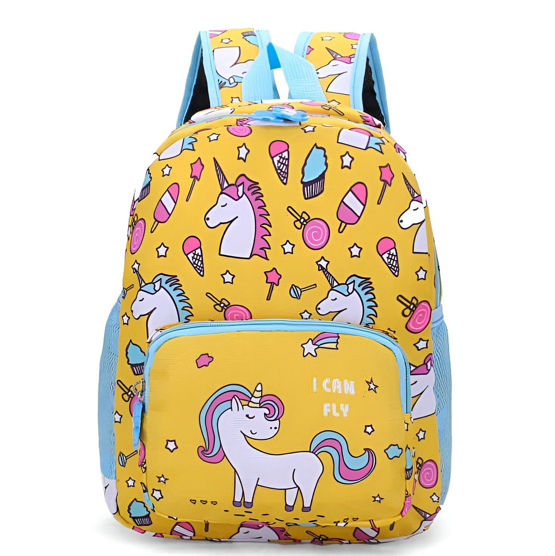 Sac à dos jaune pour enfants avec des motifs d'unicorne, de glaces et d'étoiles. Bretelles bleues claires. Inscription "I CAN FLY". Idéal pour l'école maternelle ou les sorties., 45501275799807 | Licorne Shop