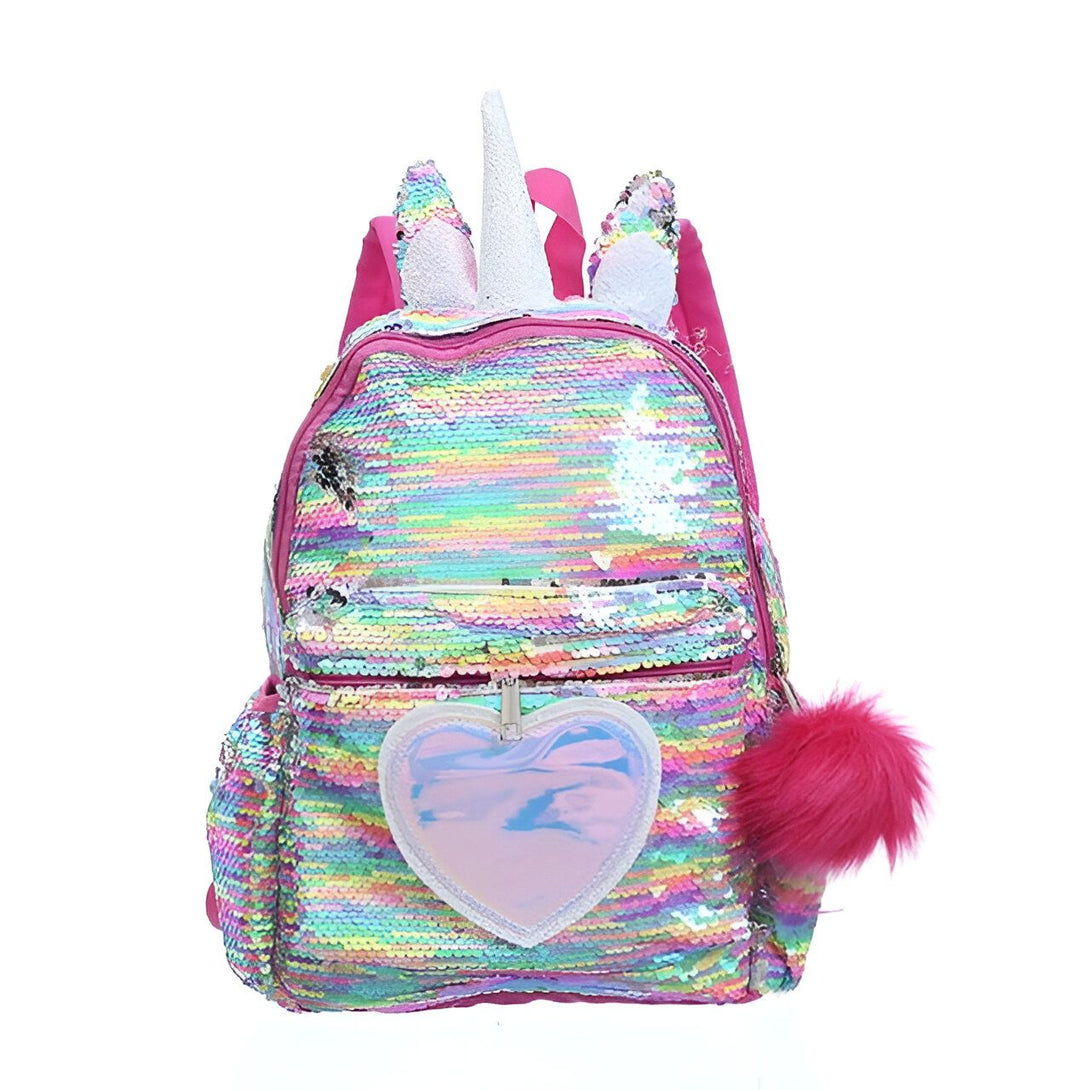 Sac à dos pour enfants décoré de paillettes multicolores, orné d'une corne et d'oreilles de licorne blanches scintillantes, avec un pompon rose et un pendentif en forme de cœur., 45501150757119 | Licorne Shop