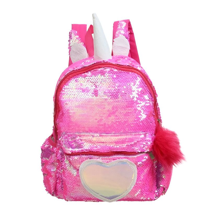 Sac à dos rose à paillettes en forme de licorne pour enfant. Il possède une corne blanche, des oreilles et un pompon décoratif., 45501269704959 | Licorne Shop