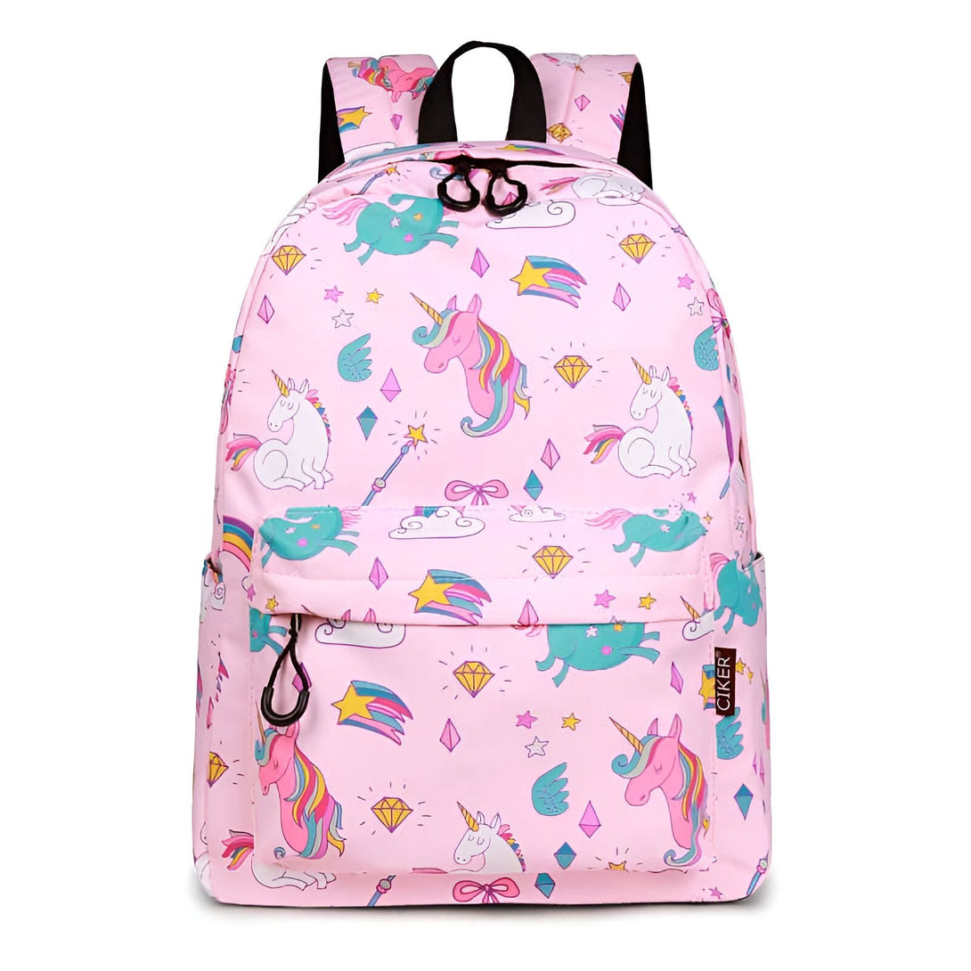 Sac à dos rose avec motifs d'licornes, de diamants et d'étoiles multicolores. Bretelles et poignée noires. Idéal pour l'école ou les loisirs. Marque CIKER visible sur le côté., 45501149479167 | Licorne Shop