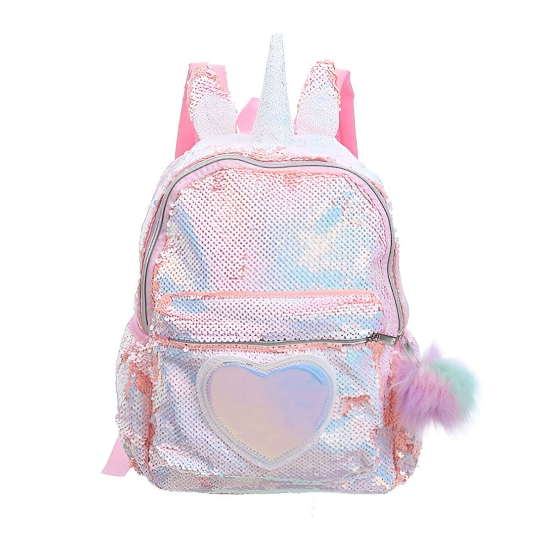 Sac à dos licorne rose et argenté à paillettes avec un cœur sur la poche avant, des oreilles et une corne sur le dessus, et un pompon sur le côté., 45501149184255 | Licorne Shop