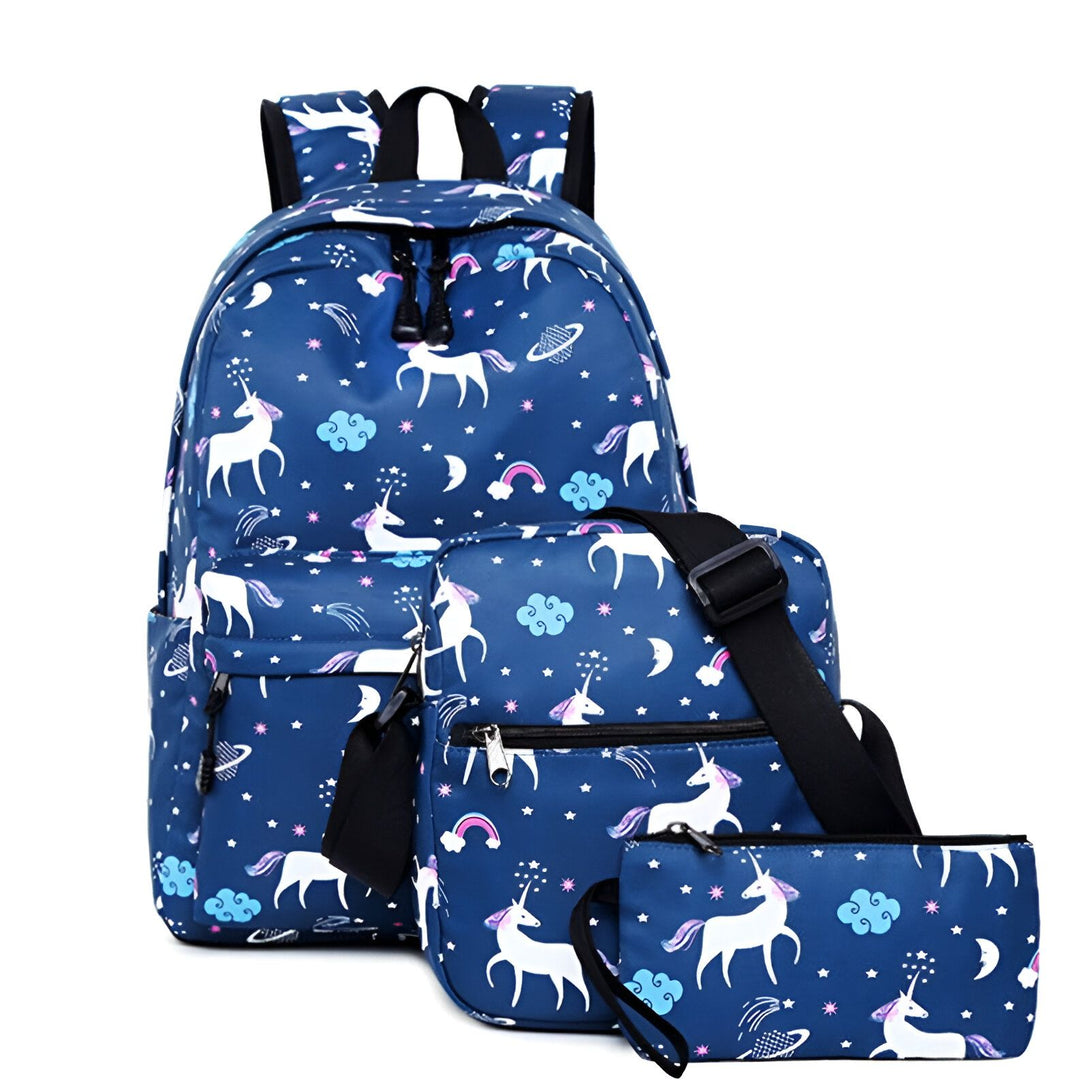 Ensemble de sacs d'école bleu à motifs licornes : sac à dos, sac à bandoulière et trousse. Idéal pour l'école, le voyage ou les loisirs., 45501144367359 | Licorne Shop