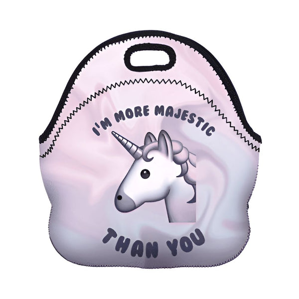Sac à déjeuner isotherme avec motif licorne et texte "I'm more majestic than you" (Je suis plus majestueux que toi). Fond marbré rose et violet., 45501328195839 | Licorne Shop