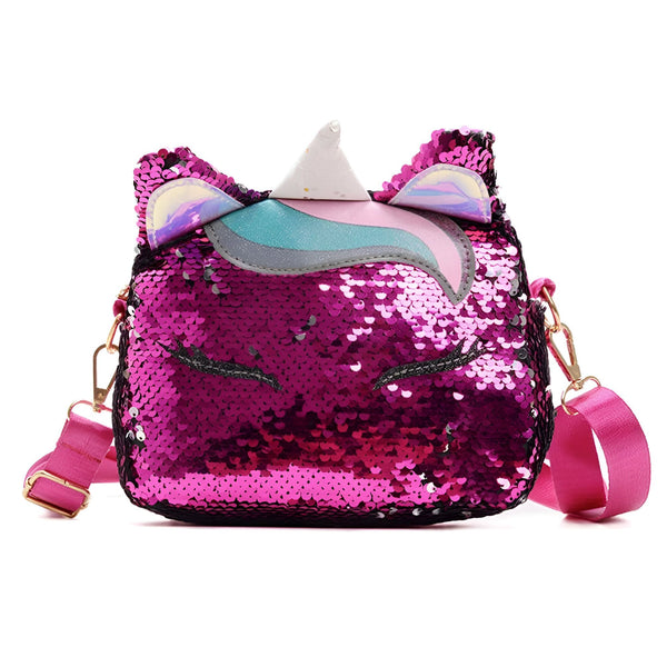 Sac bandoulière pour enfant en forme de licorne rose à paillettes. Ce sac mignon a une corne blanche et des détails multicolores. Mode enfantine originale et tendance., 45501374890239 | Licorne Shop