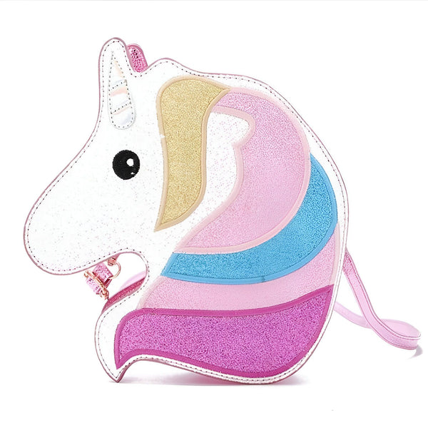 Sac à main pour enfant en forme de licorne, blanc pailleté avec crinière multicolore (doré, rose, bleu, violet). Idéal pour les petites filles qui aiment les contes de fées et la magie., 45501164060927 | Licorne Shop
